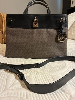 Michael Kors Brown and Black Signature Tote with Gold Hardware